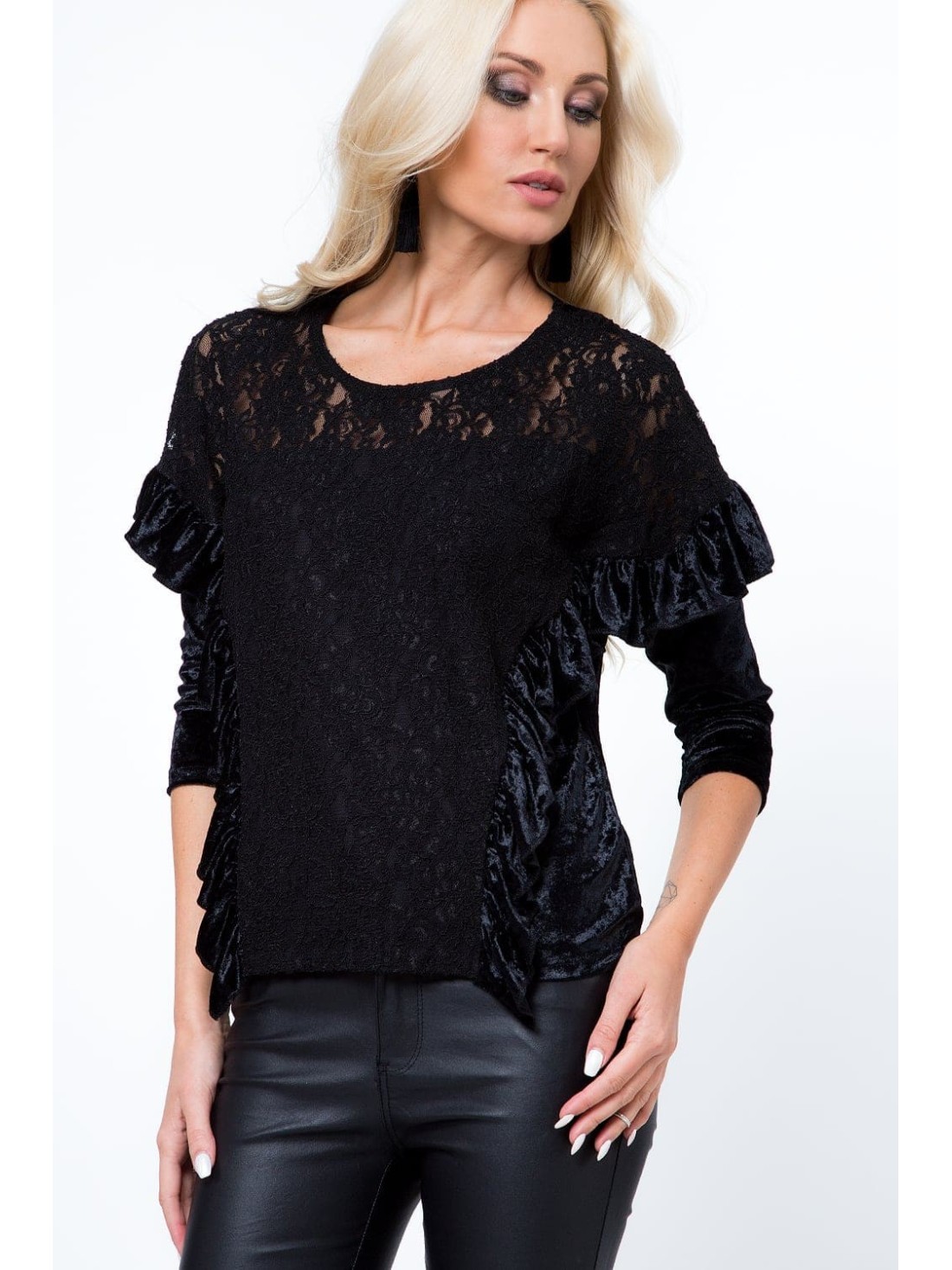 Bluse mit Spitze aus Pannesvelours, schwarz MP28514 – Online-Shop – Boutique